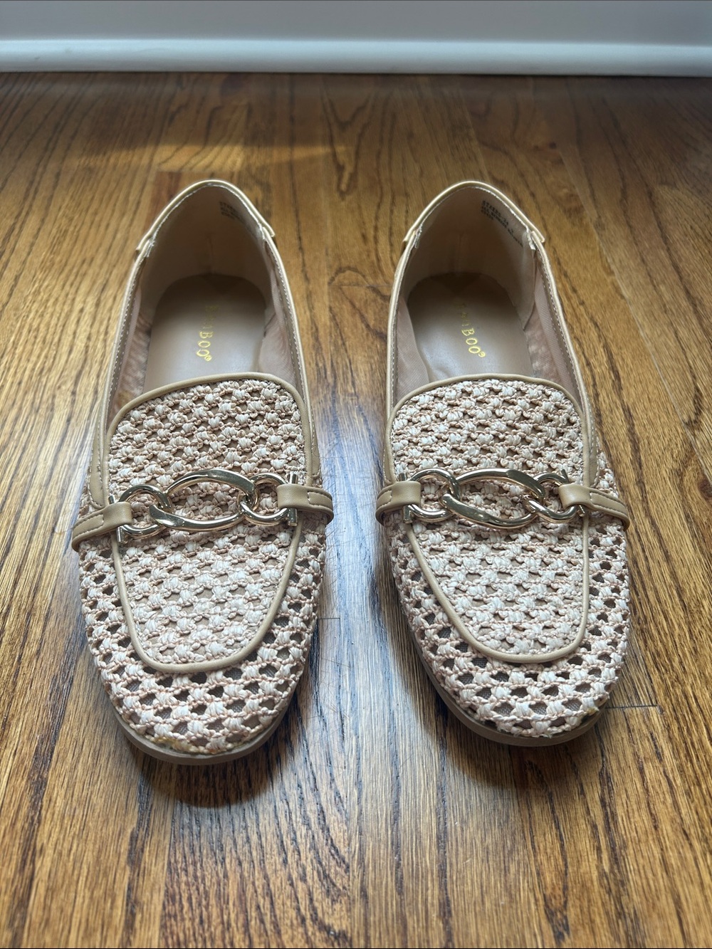 Bamboo Woven Chain-Trim Loafer Flats in Beige